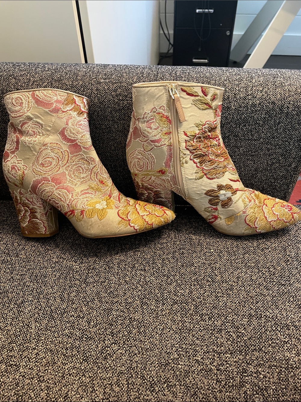 Nine West Cream Ankle Boots with Pink and Gold Floral Embroidery
